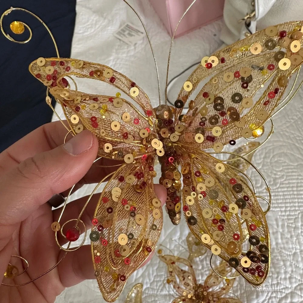 Sparkling‎ Gold Butterfly Embellishments Clip On Set of 5 Holiday Decor Accents